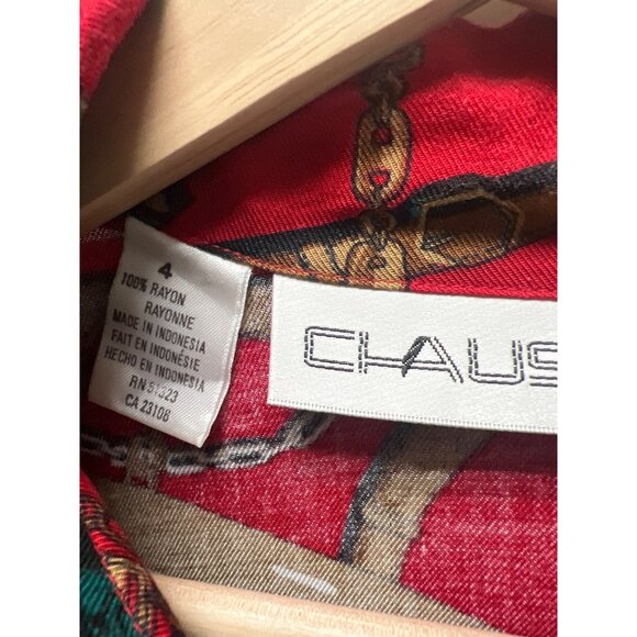 Chause Petite Vintage 90's Red and Gold Equestrian Print Silk Blend Button Down - Picture 4 of 6